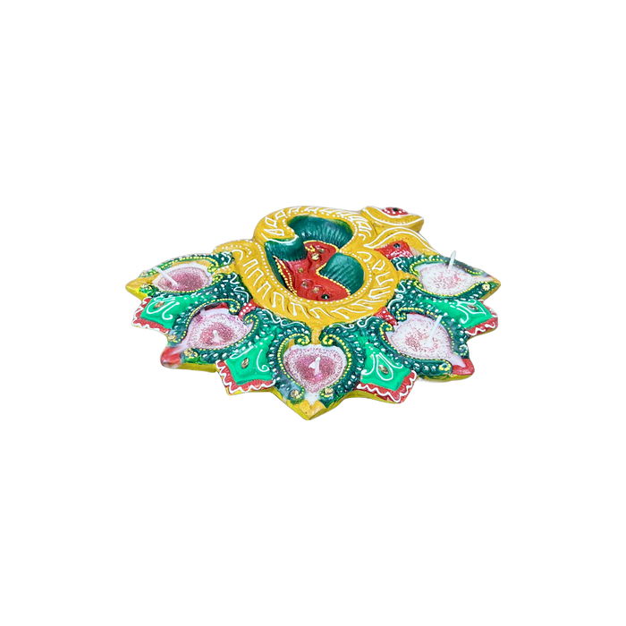 Colourful 5 Diya Plate OM Shape with Wax