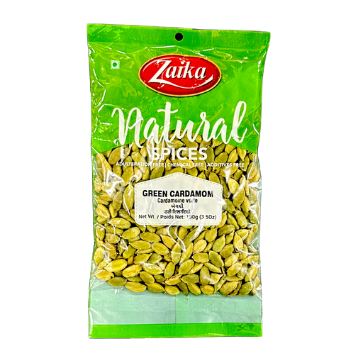 Zaika Green Cardamom 100g — front view of green cardamom pods in branded pack